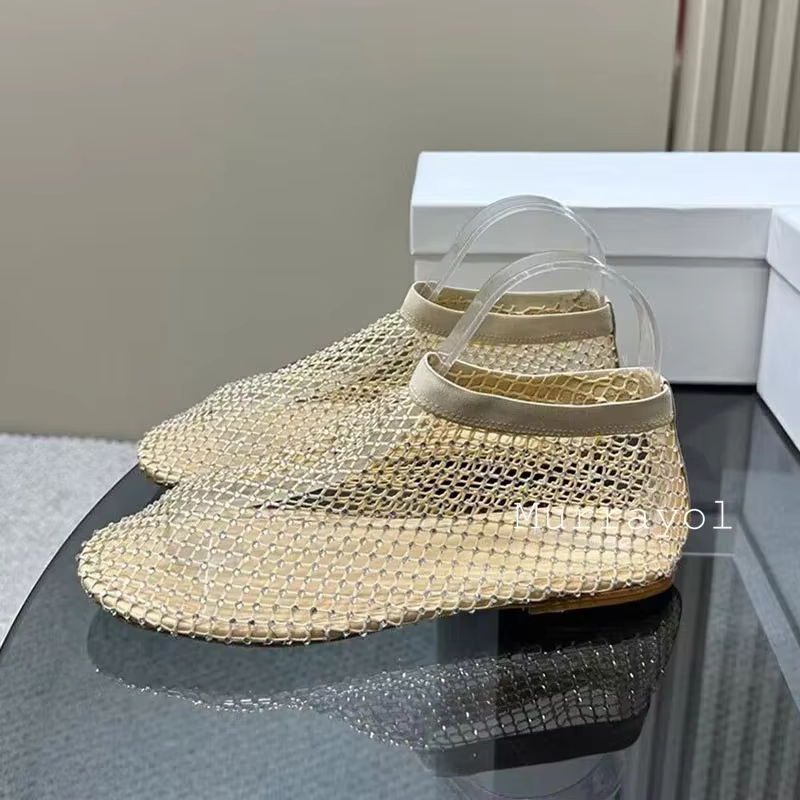 Chaussures de Ballet ajourées en maille à bout rond pour femmes, mocassins décoratifs en cristal, ch