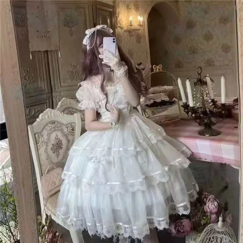 Robe blanche mignonne De Style Lolita pour femmes, tunique à manches bouffantes et col Slash, robes 