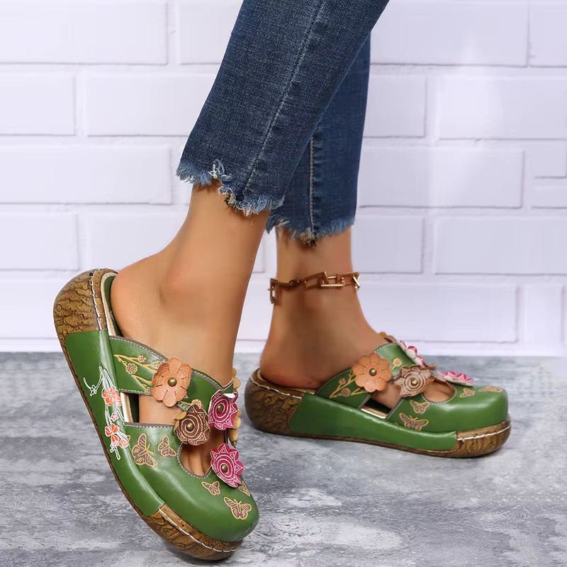 Sandales d'été ethniques à fleurs pour femmes, style rétro, plateforme légère, à enfiler, faites à l