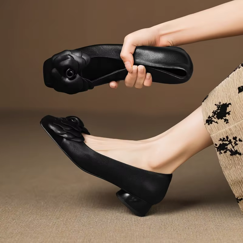 Chaussures simples à fleurs à la mode, chaussures basses antidérapantes à bout carré et bouche peu p