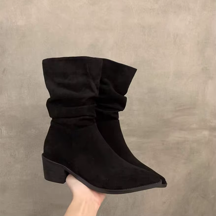 Bottes pointues vintage pour femmes, bottes de rinçage, mode élégante, chaussures en daim doux, auto