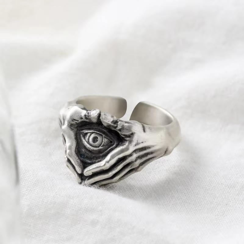 Bague ajustable pour homme, style gothique rétro, motif œil et mains, bijou ouvert, cadeau pour soir