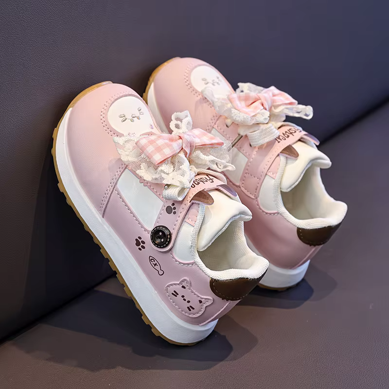 Chaussures de sport chat mignon pour filles, baskets confortables brodées avec nœud à carreaux en de