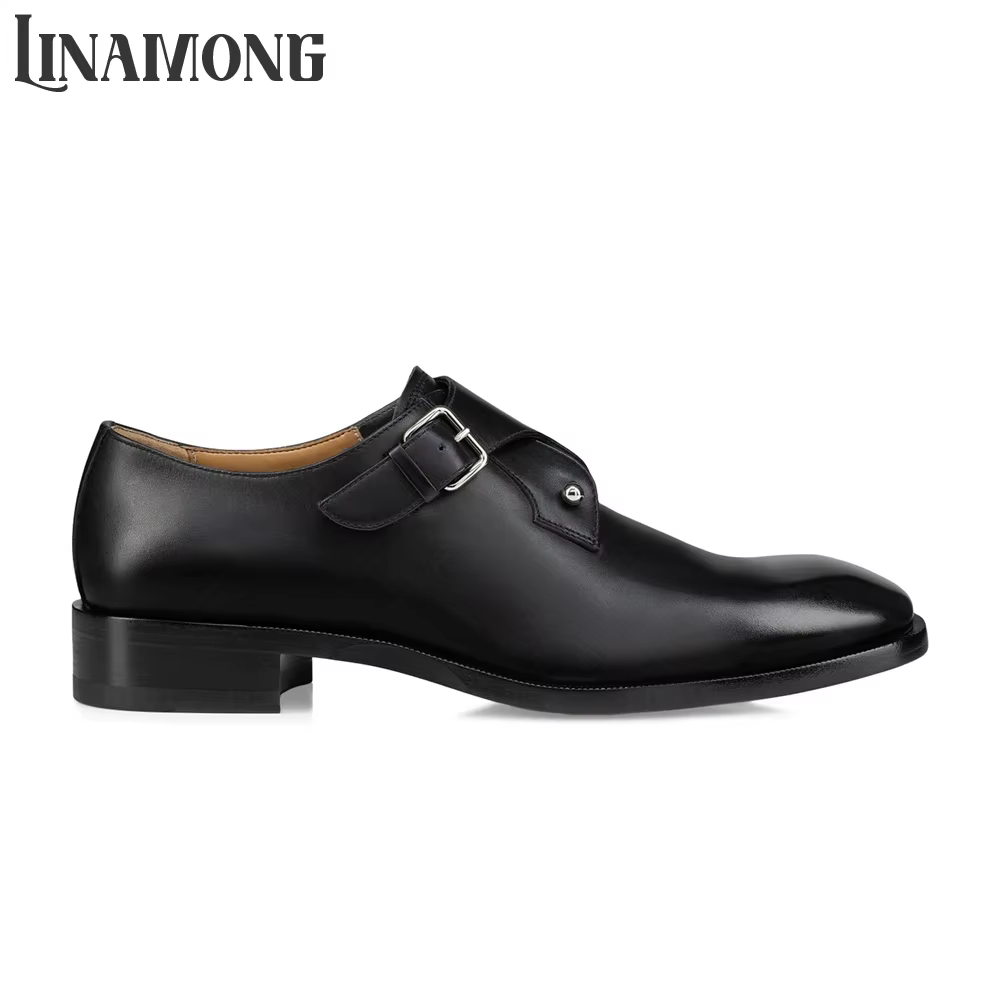 Chaussures Monk en Cuir de Veau avec Boucle Métallique, Chaussures Habillées Style Designer, Bout Am
