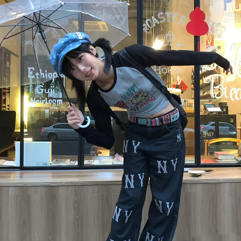 Karrram japonais Y2k Graffiti imprimé T-shirt Vintage Harajuku à manches longues Patchwork haut cour