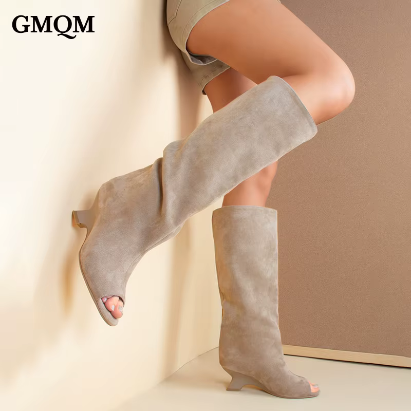 GMQM 2025 nouvelles femmes Slouchy genou bottes hautes bout ouvert talon compensé large mollet tirer