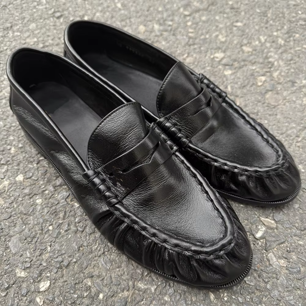 Mocassins au Design plissé rétro en cuir noir, chaussures simples à enfiler, semelle souple, chaussu
