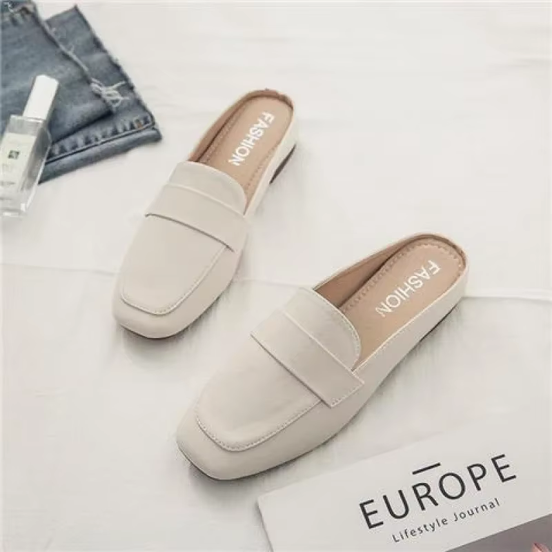 Baotou-Demi-pantoufles en cuir souple pour femme, chaussures plates à enfiler, semelle souple paress