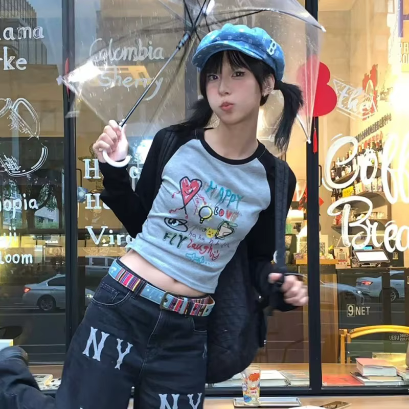 Karrram japonais Y2k Graffiti imprimé T-shirt Vintage Harajuku à manches longues Patchwork haut cour