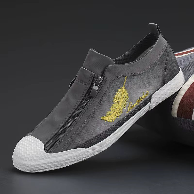 Mocassins plats en toile à double fermeture éclair pour hommes, chaussures canisées pour écoliers, b