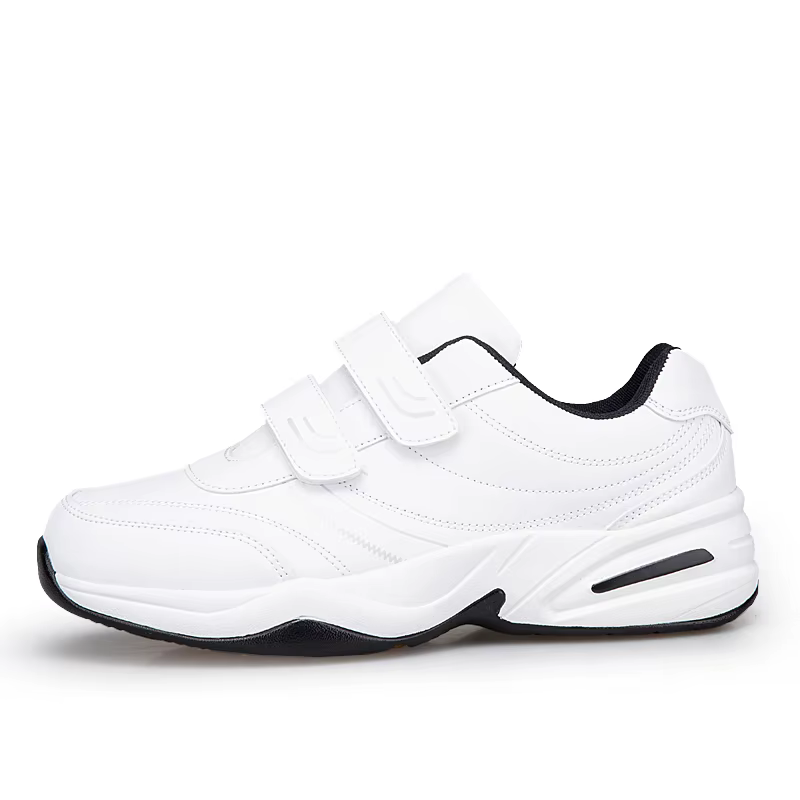 Chaussures de sport décontractées en cuir noir pur pour hommes, ajustables avec fermeture auto-agrip