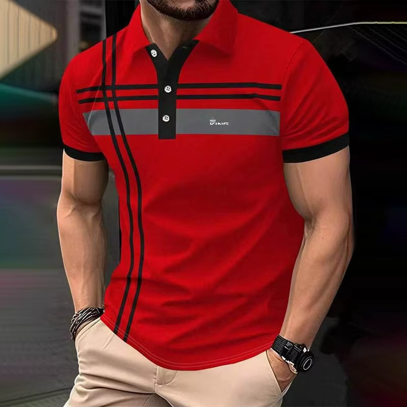 Chemises polo rayées rouges pour hommes de style européen, col contrasté, manches courtes, mode quot