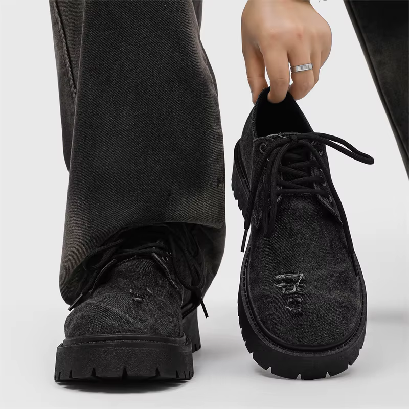 Chaussures Derby en jean déchiré pour hommes, bottes plateforme épaisses style grunge, chaussures av