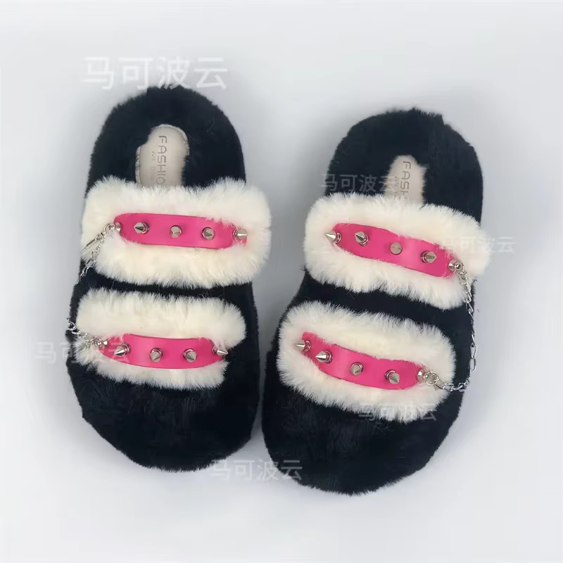 Chaussures de plein air d'hiver de style Y2K pour femmes, pantoufles chaudes en fausse fourrure, cha