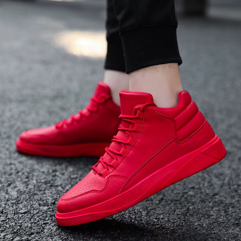 Chaussures de Skate montantes en cuir rouge pour hommes, baskets plates à lacets, polyvalentes, déco
