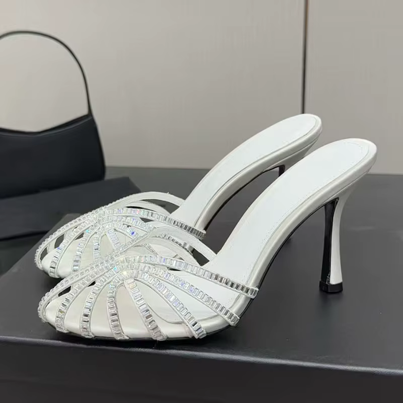 Pantoufles Sexy à talons hauts pour femmes, chaussures de fête à bande étroite avec strass, bout ron