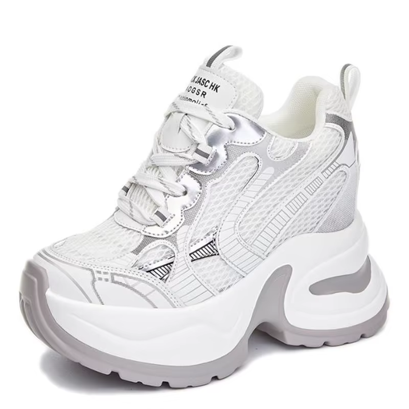 Baskets compensées vulcanisées en cuir véritable et maille synthétique de 12 cm pour femme – Idéales
