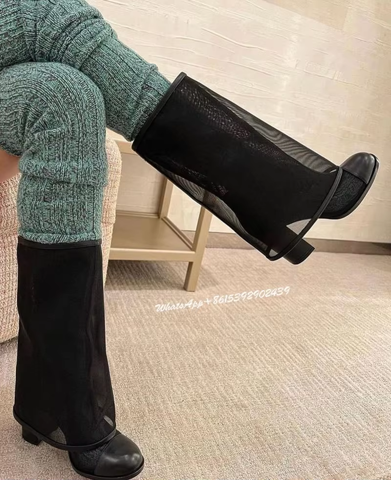 Bottes en Maille à Manches Rabattables pour Femme, Chaussures à Talon Creux, Noir, Rond, Essence, Él