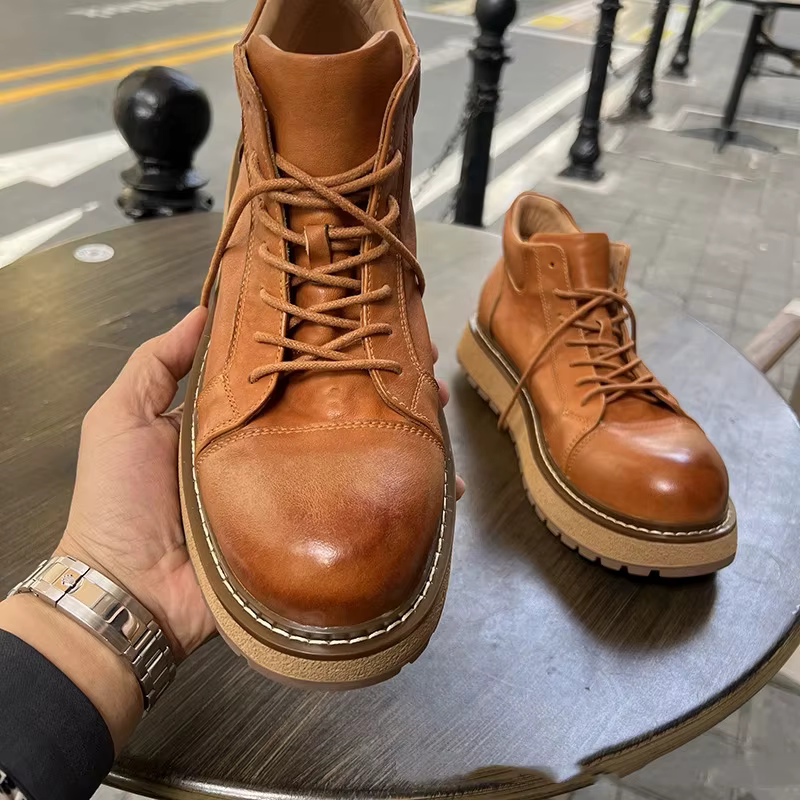 YETTIES – bottes de Combat en cuir véritable pour hommes, bottes de travail à semelle épaisse mi-mol