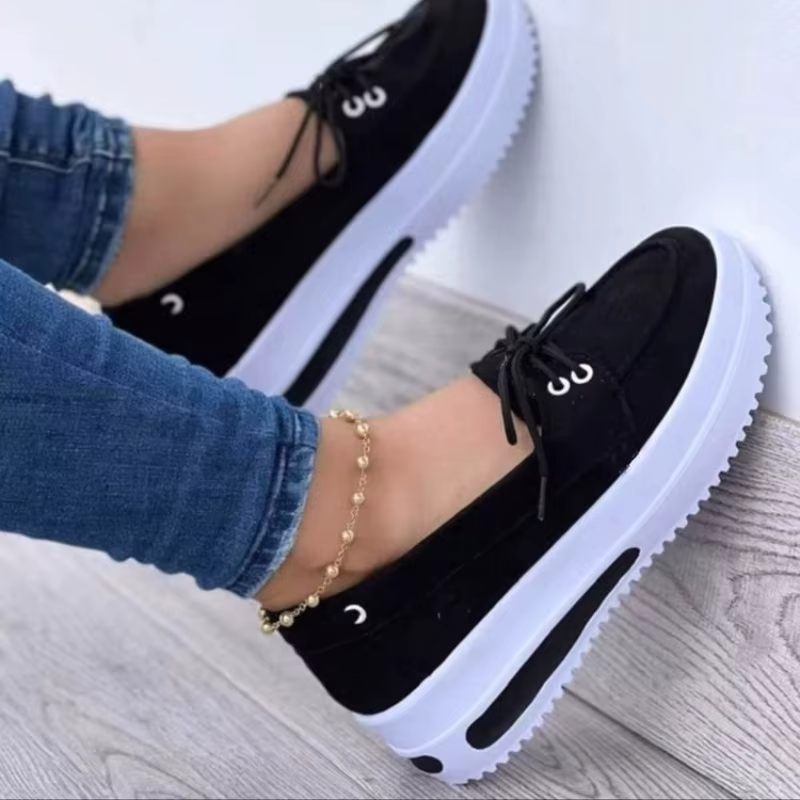 Baskets compensées à plateforme pour femme, à lacets, chaussures plates décontractées en toile à bou