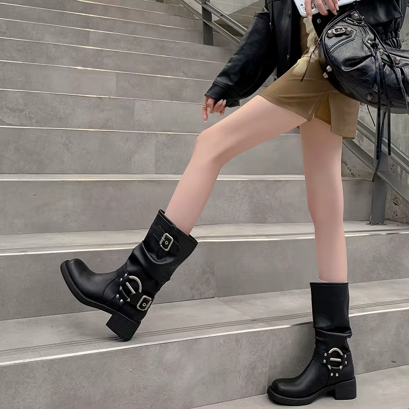 Femmes mi-mollet bottes femme boucle chaussures talon carré femmes 2025 automne botte dames Famale d