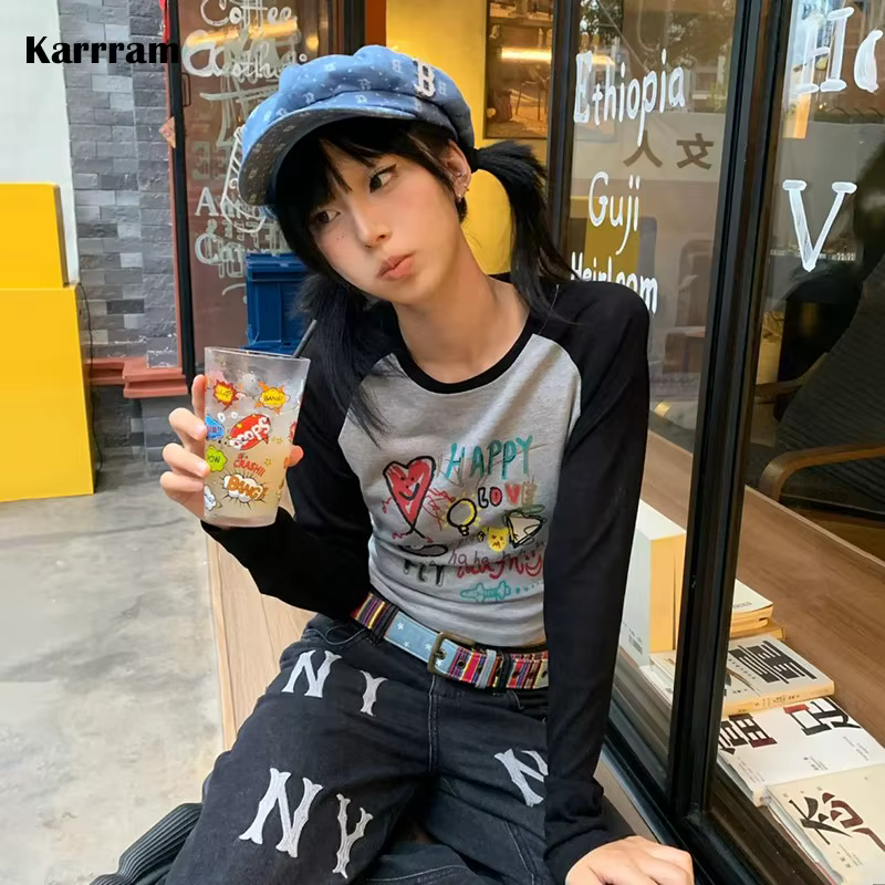 Karrram japonais Y2k Graffiti imprimé T-shirt Vintage Harajuku à manches longues Patchwork haut cour