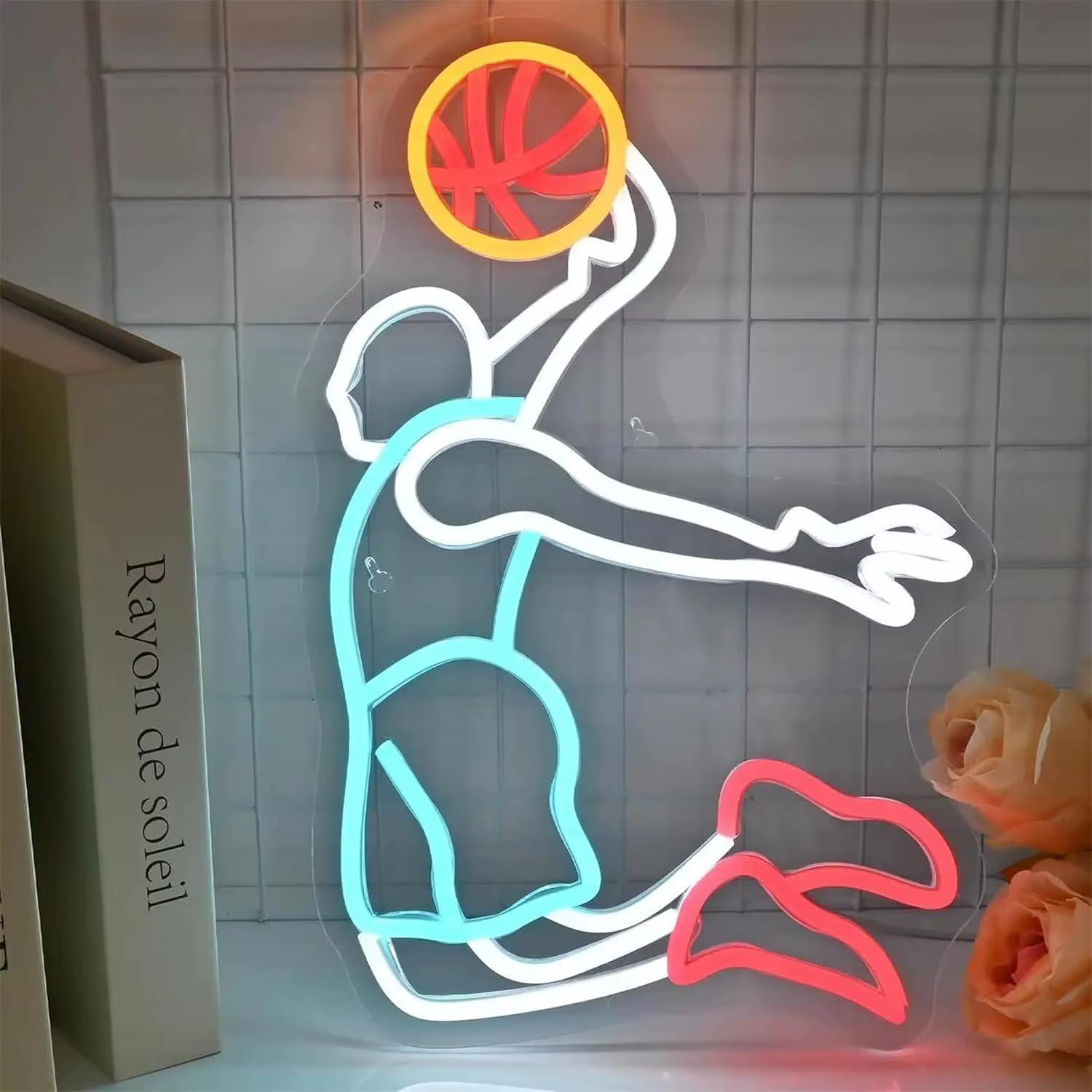 Enseigne néon LED dimmable « Joueur de basketball en dunk » pour bar sportif, « man cave », salle de