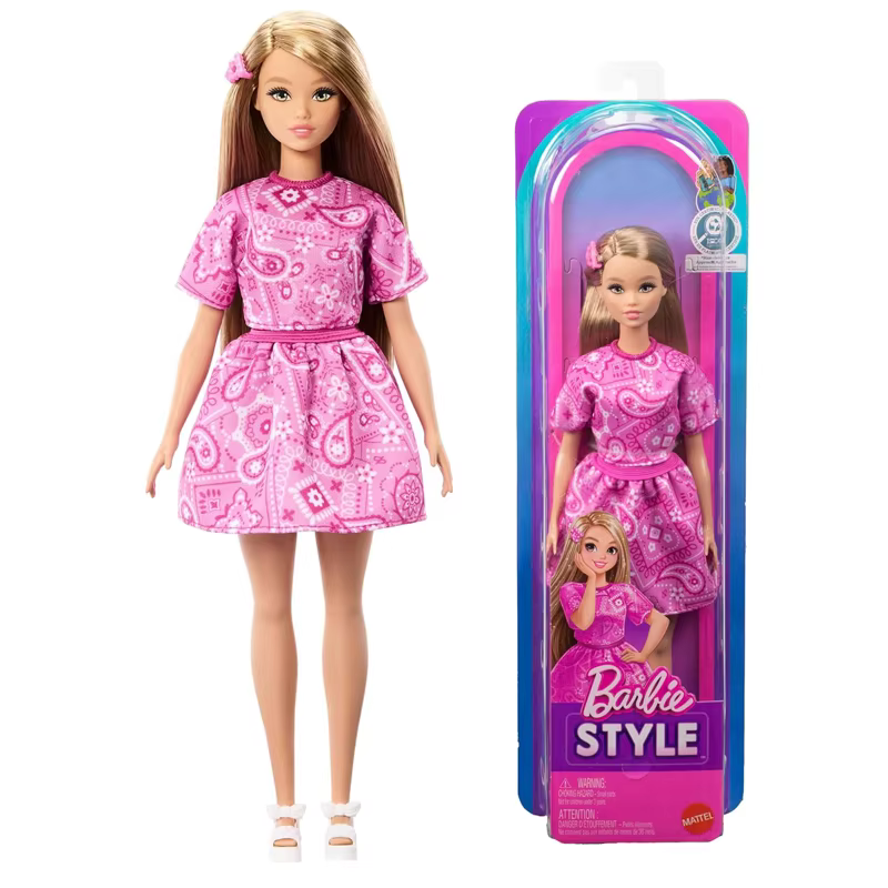 Poupée Barbie Fashionistas originale, cheveux blonds, vêtements rose à motifs Paisley, chemise, sand