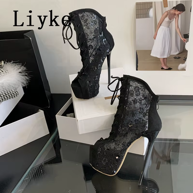 Liyke Sexy Peep Toe à lacets talons hauts plate-forme bottes pour femmes paillettes maille cheville 