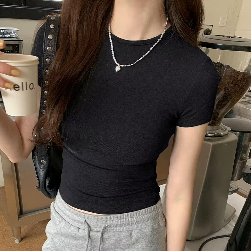 T-shirt à épaules épicées de style américain pour femmes en été 2025, haut court ajusté et amincissa