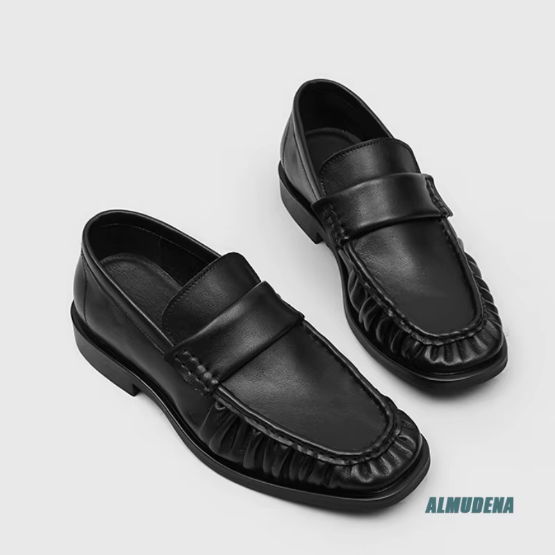 Mocassins décontractés pour hommes à bout carré en cuir véritable noir, à enfiler, à talon bas, styl