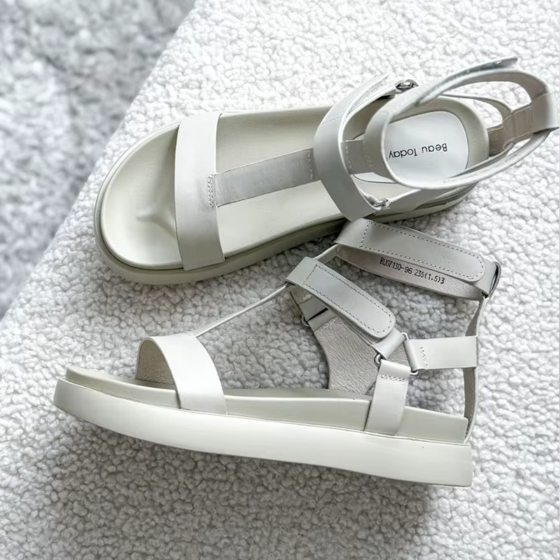 BeauToday – sandales gladiateur en cuir de veau véritable pour femmes, bout ouvert, sangle en T, sem