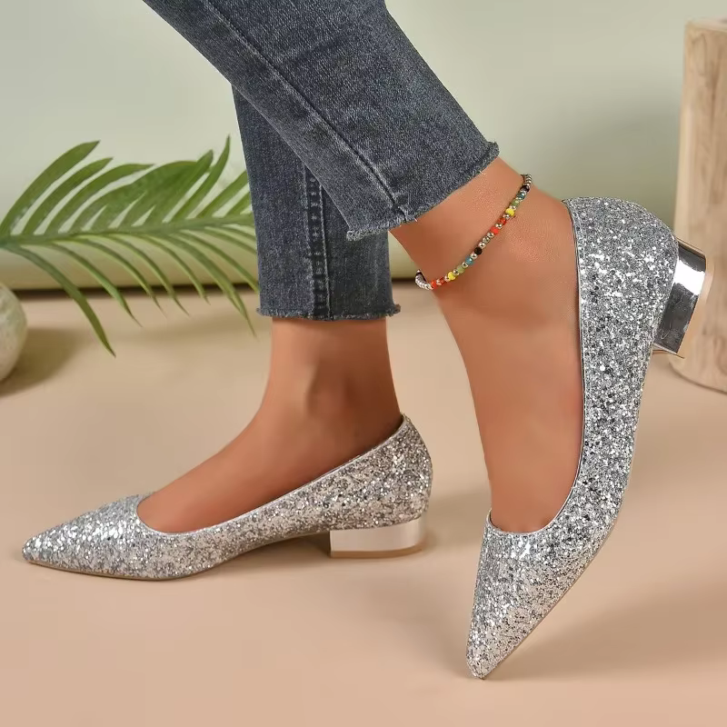 Chaussures plates pour femmes 2025 talon bas bouche peu profonde paillettes printemps et automne cha