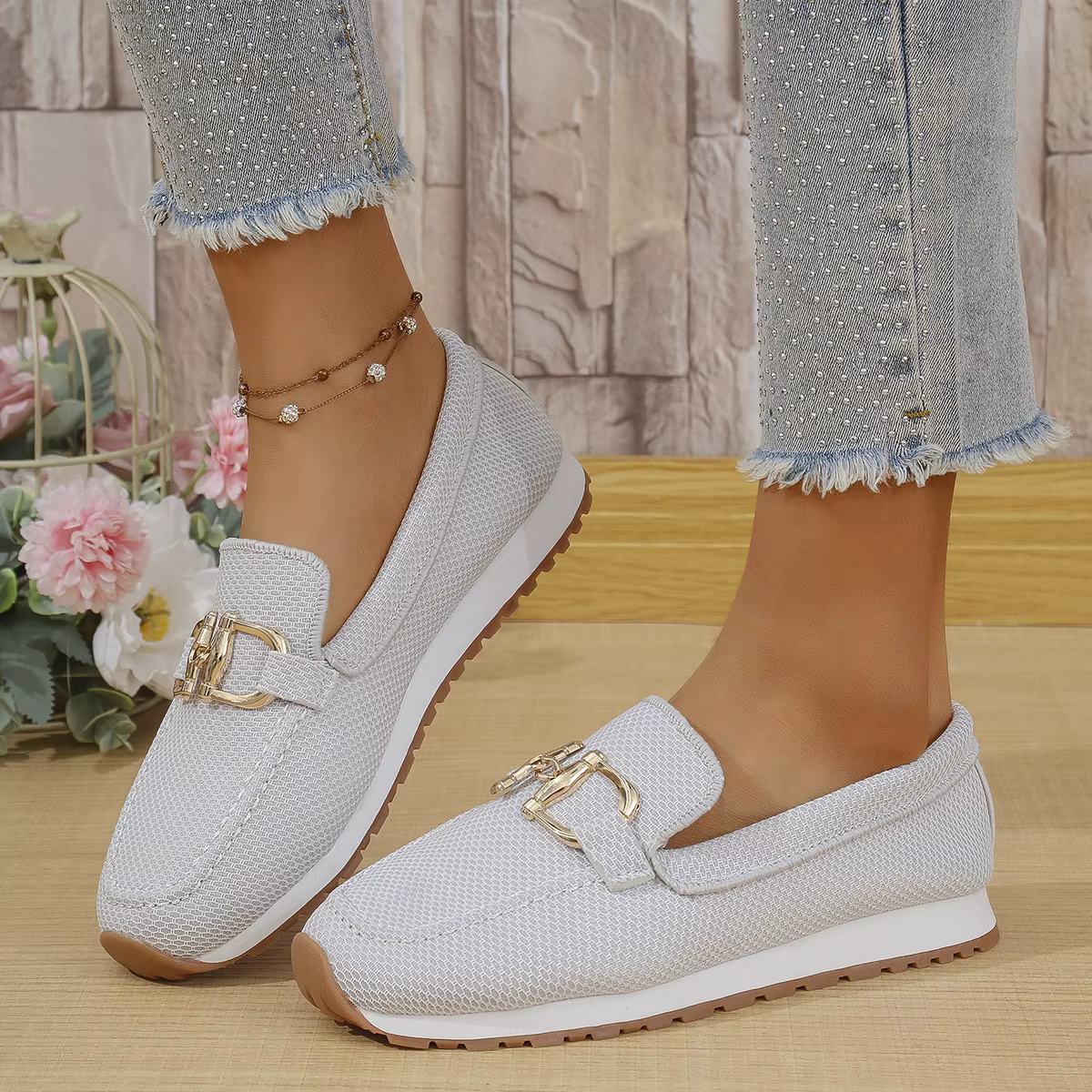 Chaussures décontractées à bout rond avec boucle métallique pour femmes, grandes tailles, confortabl