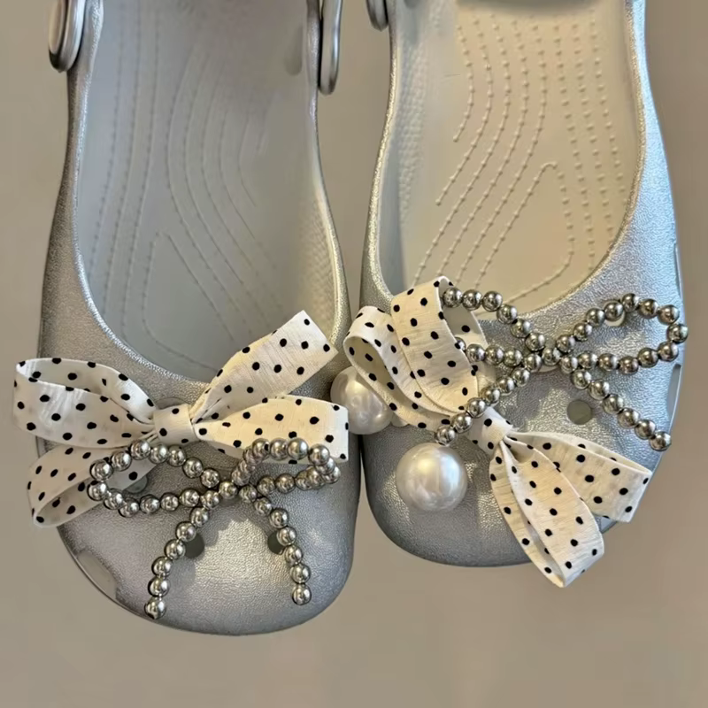 Ensemble de breloques pour chaussures de ballet, nœud papillon argenté, élégant, avec grandes perles