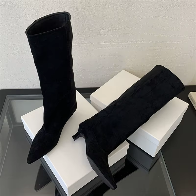 Automne hiver Style De rue bout pointu bottes hautes femmes talons bas chaussures femme chaussons lo