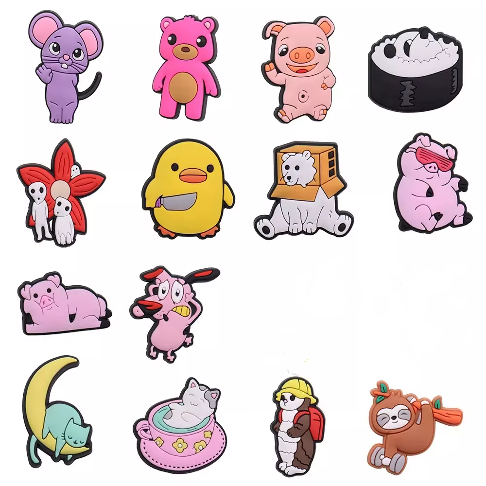 Breloques de chaussures en PVC, 1 à 14 pièces, dessin animé chat singe souris ours cochon animaux, d