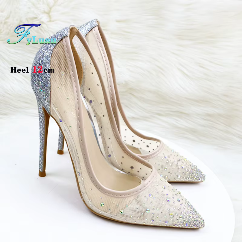 Chaussures simples en maille respirante avec strass pour femmes, chaussures de fête d'été, talons ha