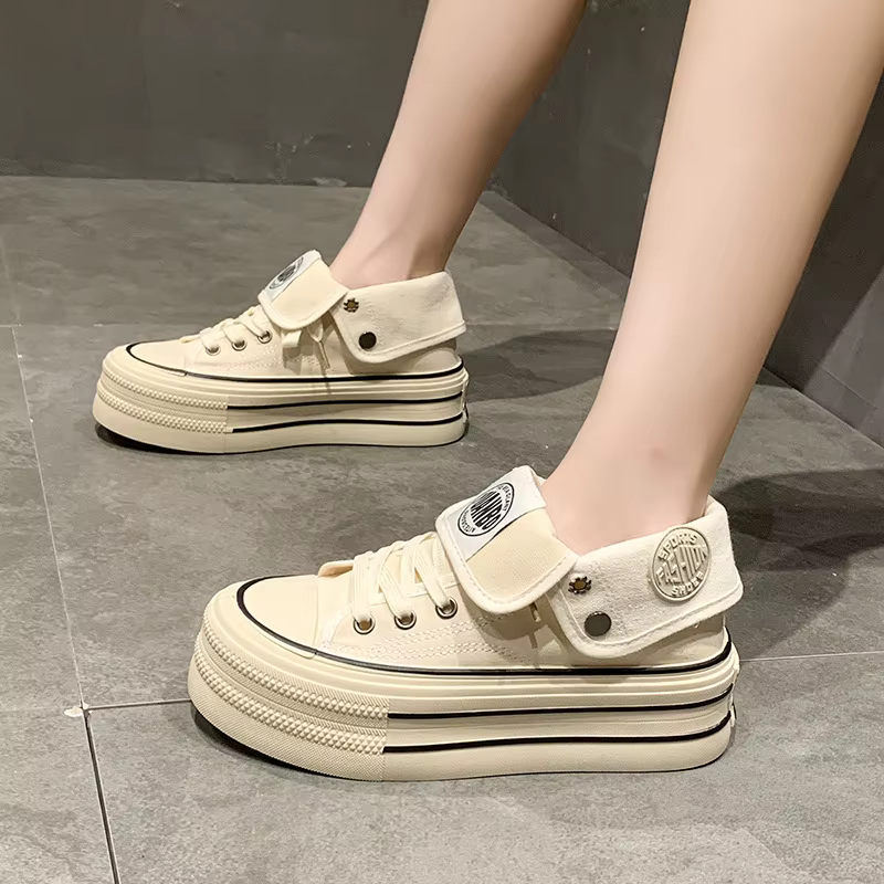 Chaussures montantes en toile à semelle épaisse pour femme, style décontracté rétro, design rehaussa