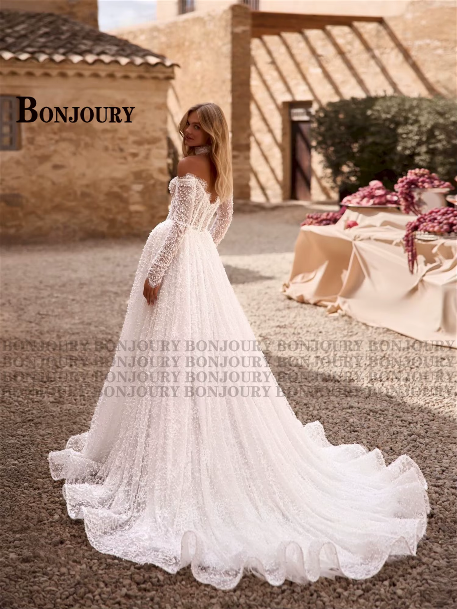 Robe de mariée florale raffinée BONJOURY, style coréen avec appliques en dentelle, épaules dénudées,