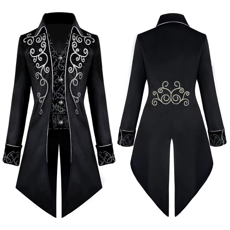Veste Brodée Gothique pour Homme, Costume Renaissance, Steampunk, Tailcoat Vintage, redingote Médiév