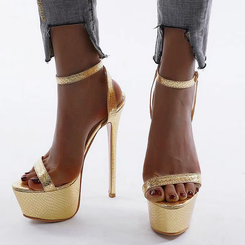 Sandales à talons hauts dorés pour femmes, chaussures de strip-teaseuse sexy, escarpins de fête, san