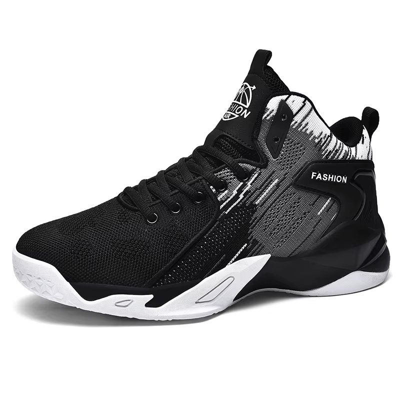 Chaussures de basket-ball montantes noires et blanches pour hommes - Baskets athlétiques en maille r