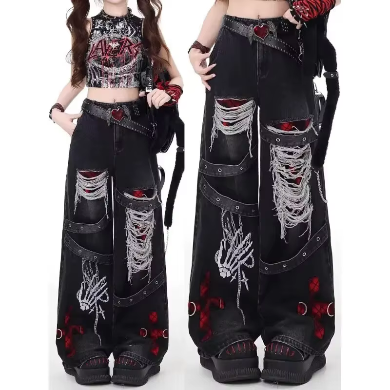Pantalon en jean décontracté et ample pour femme, style américain, tendance punk rétro, délavé, poly