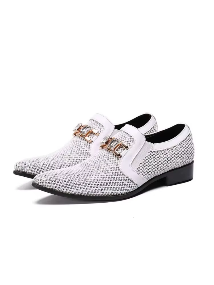 Chaussures de mariage pour hommes à bout pointu blanches avec anneaux en cristal, chaussures en cuir