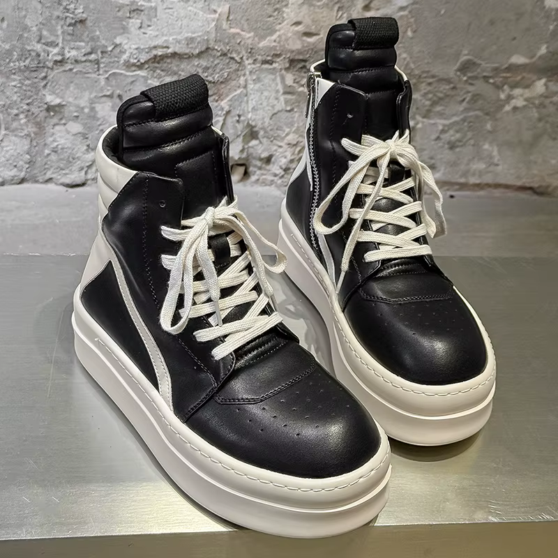 Bottes montantes noires et blanches pour hommes avec fermeture éclair latérale, rehaussantes, antidé