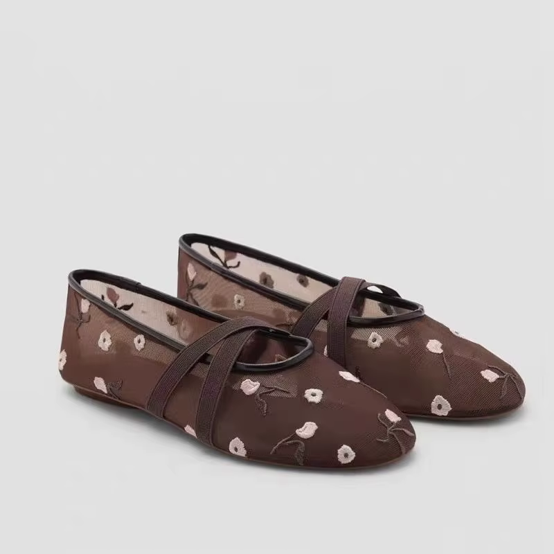 Chaussures de danse plates brodées en maille à bout rond pour femmes 2026, grandes tailles, conforta