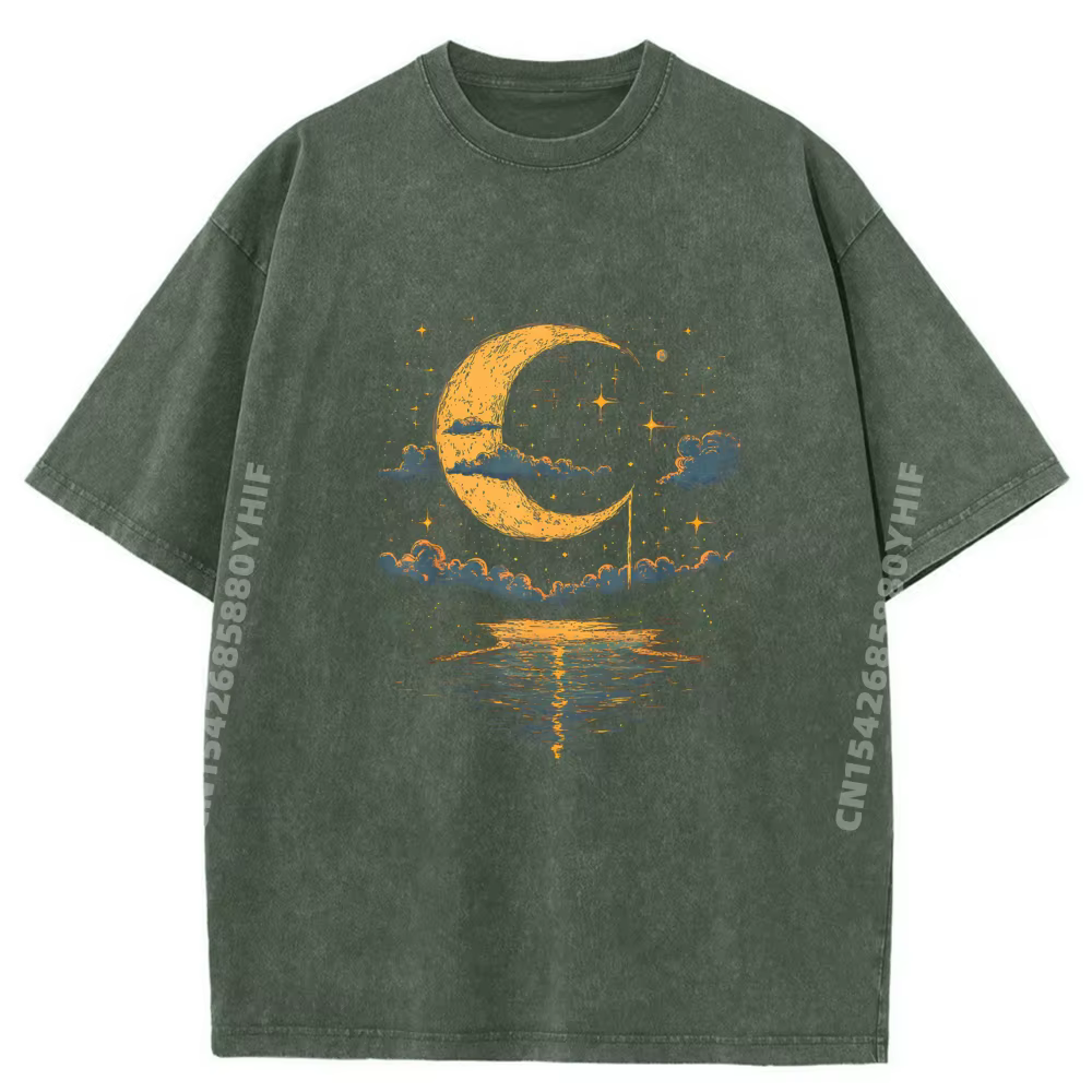 T-shirt Homme Décontracté Style Bohème Hippie Vintage Céleste Demi-Lune Effet Délavé Style Chinois