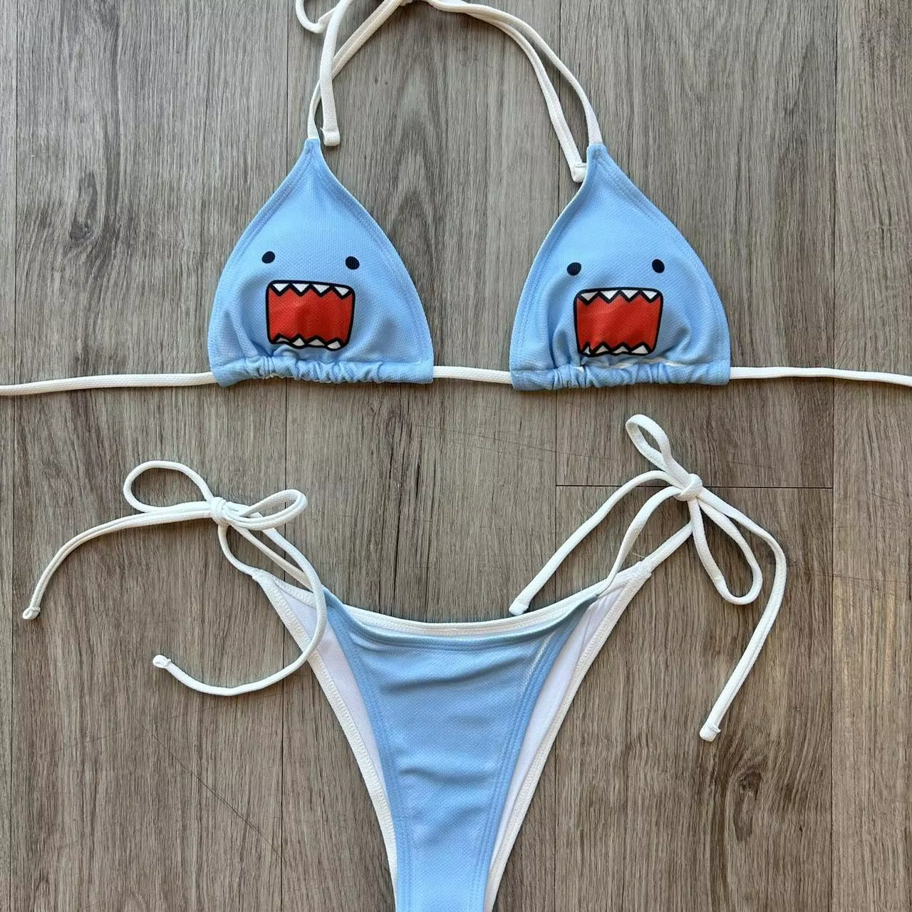 Maillot de bain bikini style Ins pour femme, bleu clair, imprimé requin, dos nu, à nouer sur les côt