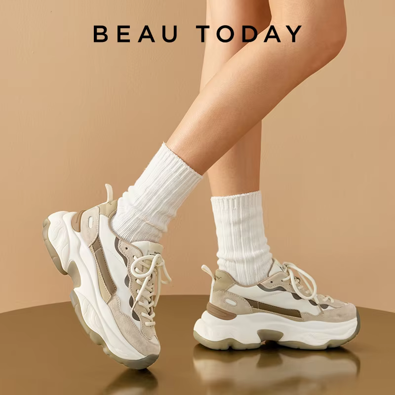 BeauToday-Baskets à Plateforme en Cuir Suédé pour Femme, Tissu Patchwork, Parker Rond, Document Mixt